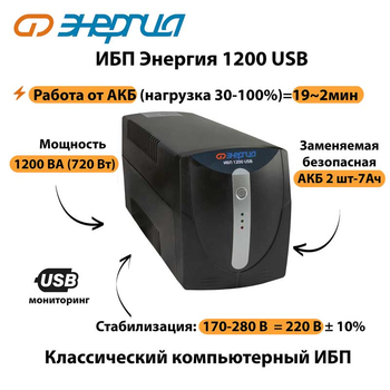 Энергия ИБП 1200 USB - ИБП и АКБ - ИБП для компьютера - Магазин электротехнических товаров Проф Ток